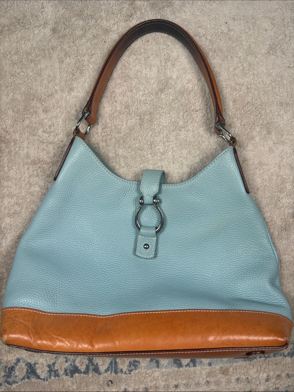 Lands' End Light Blue and Tan Leather Shoulder Bag with Ring Accent